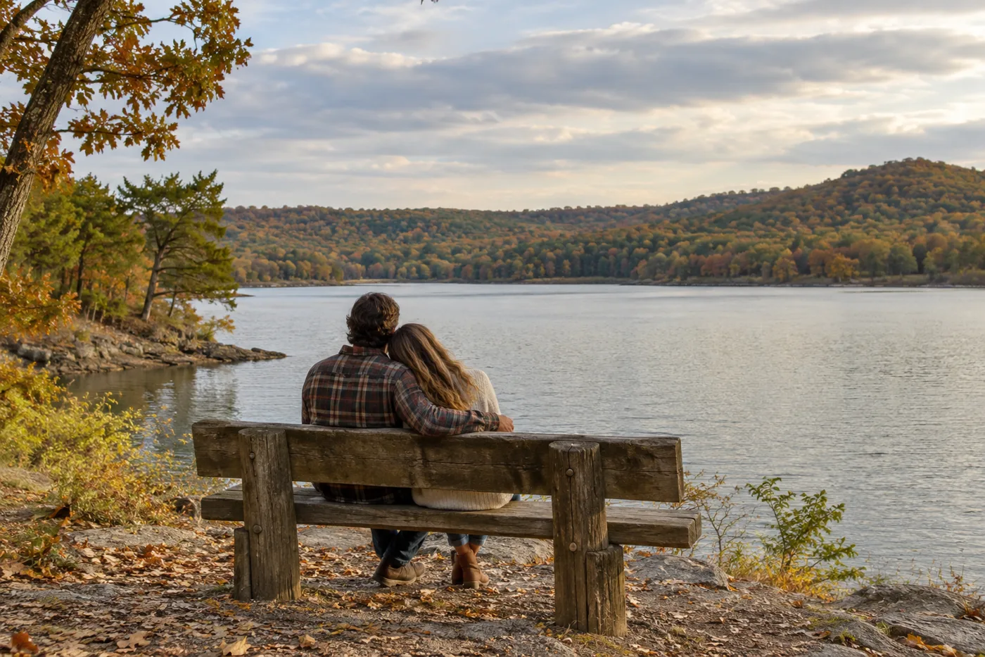 A couple sitting close together on a wooden bench beside a quiet lake, shown for illustration