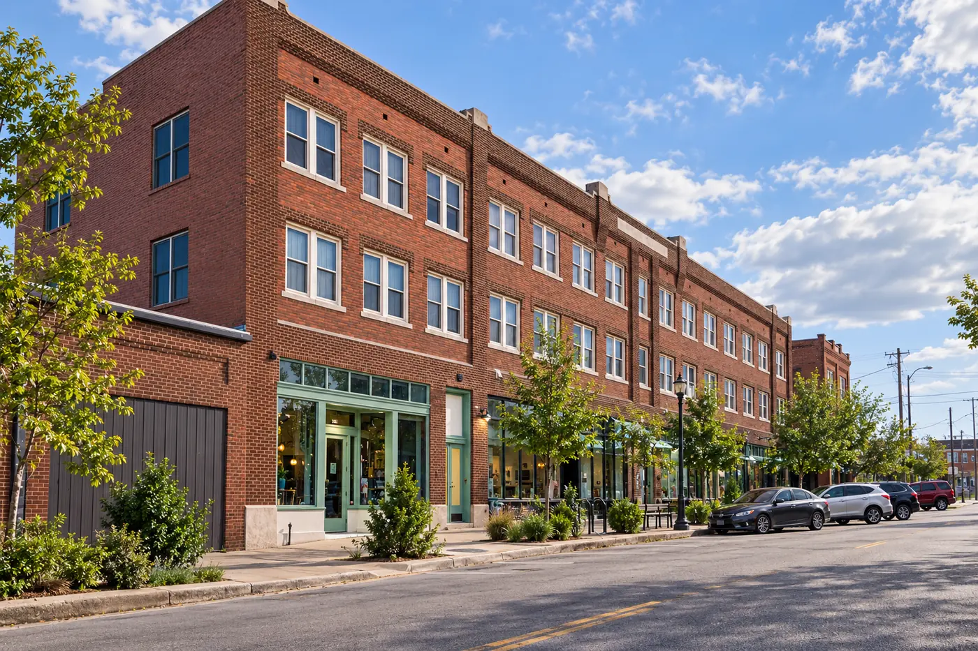 Historic brick architecture and green storefronts in Tulsa Arts District