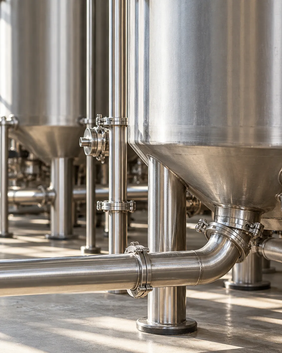 Conceptual close view of stainless-steel mixing tanks and pipework.
