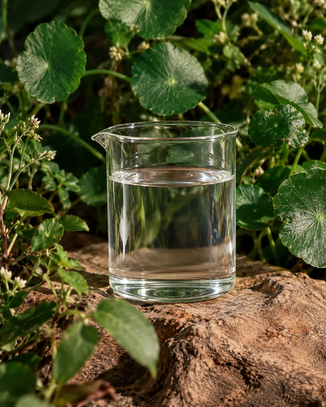 An unmarked glass beaker of clear liquid among green leaves.
