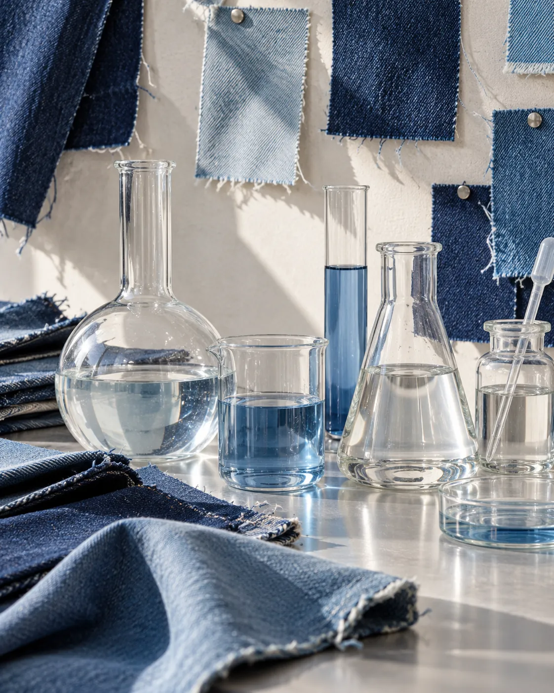 Conceptual laboratory bench with glassware and pinned denim test swatches.