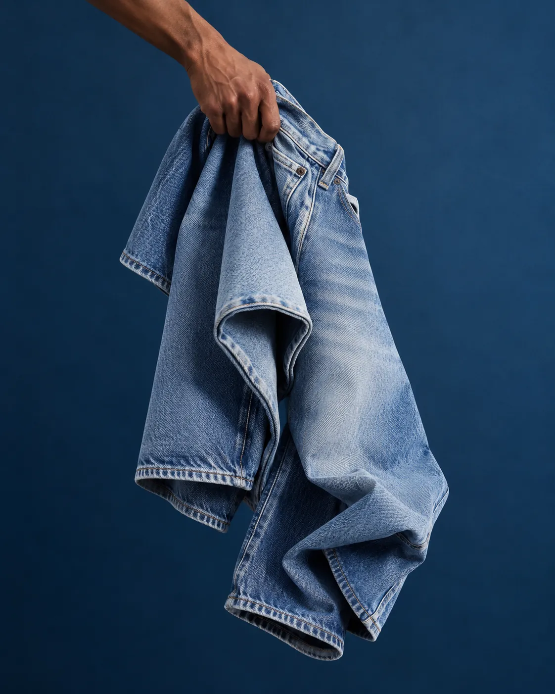 Soft jeans hanging loosely from a hand against a blue backdrop.