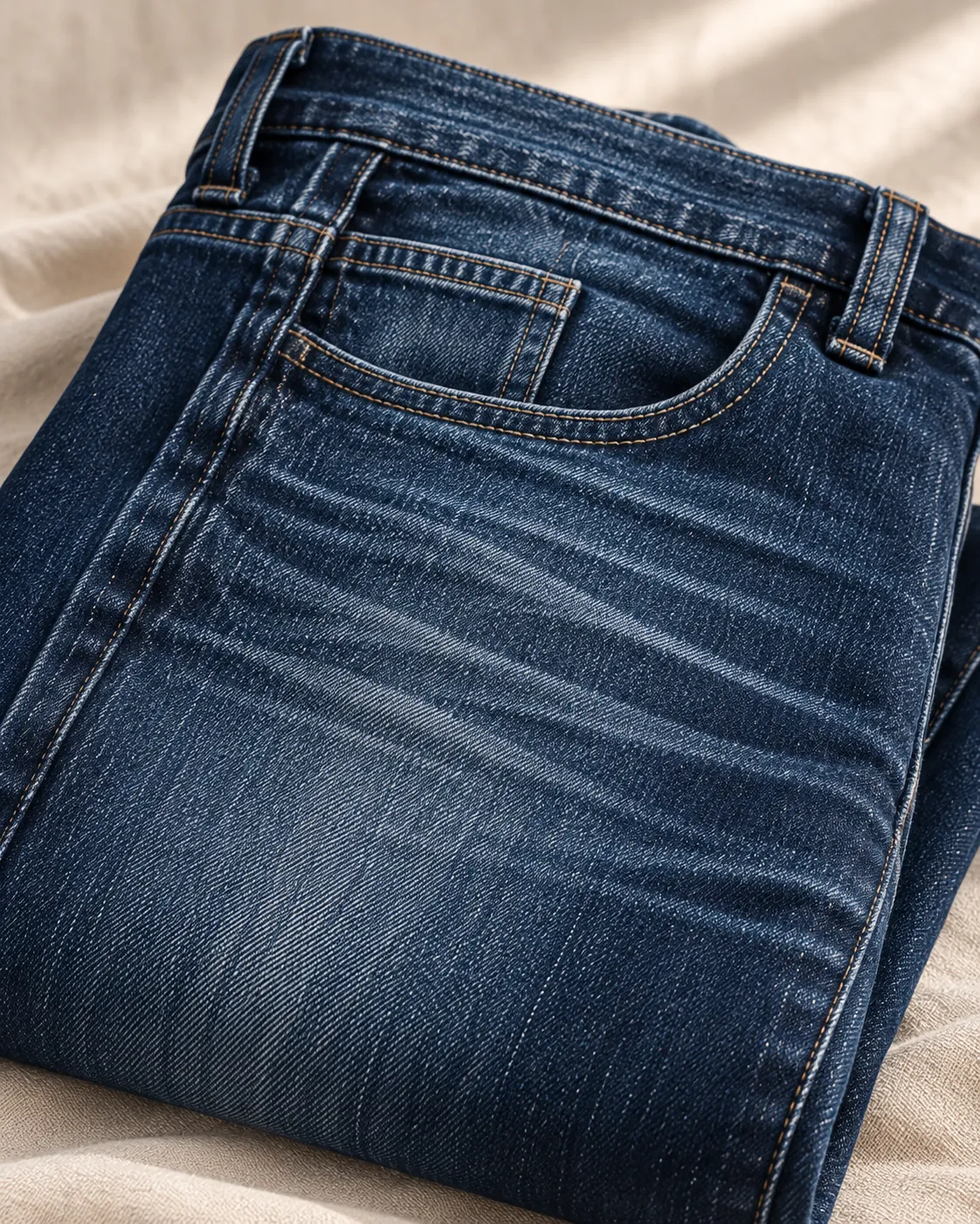 Deep indigo denim with crisp set creases and subtle sheen.