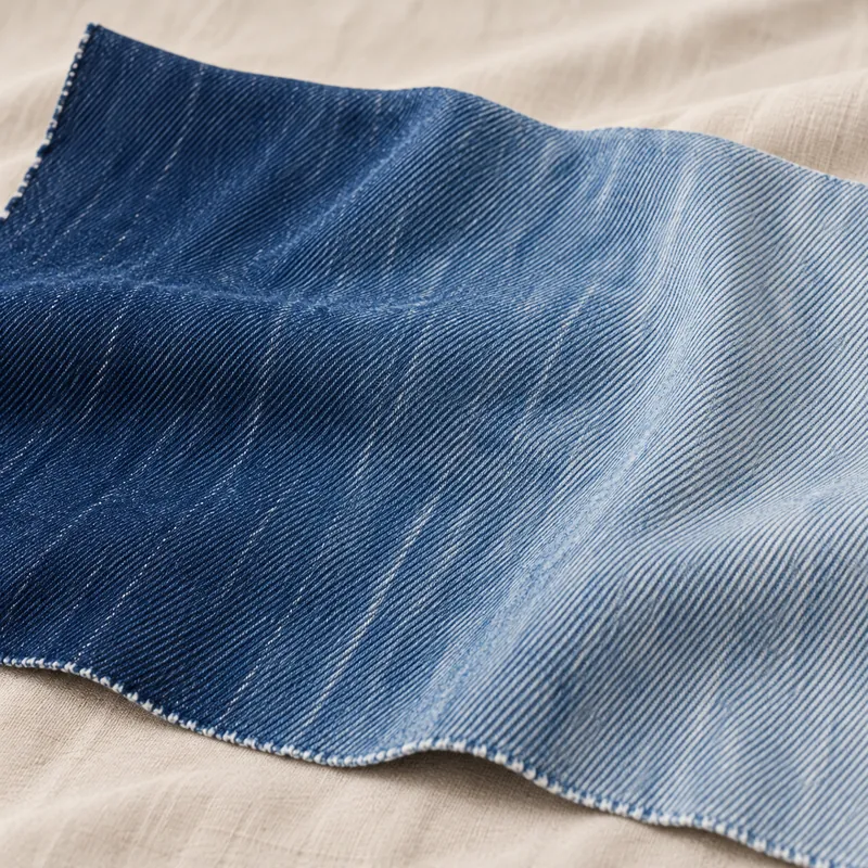 A denim swatch fading gradually from medium indigo to lighter washed blue.