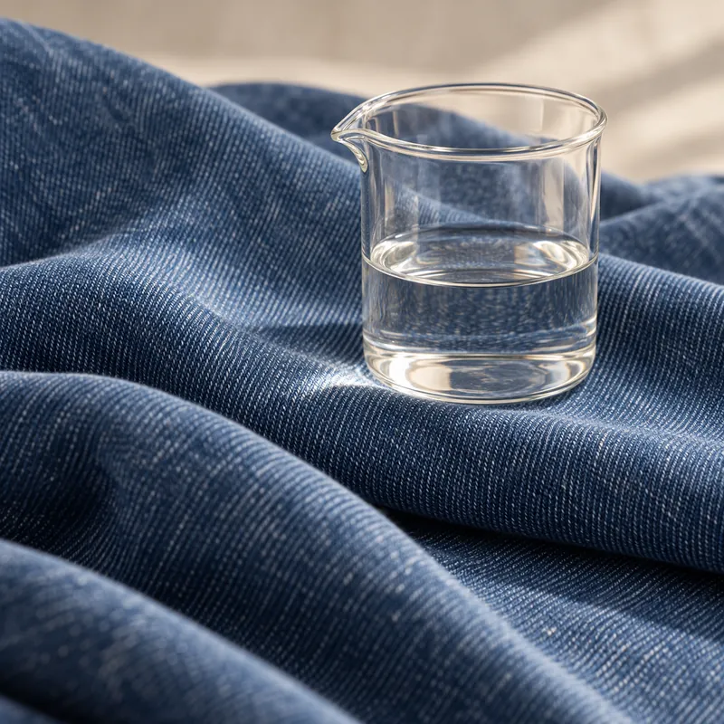 A small glass beaker of clear liquid resting on folded indigo denim.