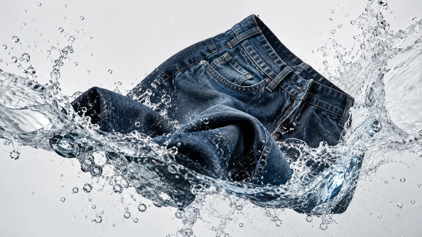 Dark jeans caught in a clear-water splash against a pale backdrop.