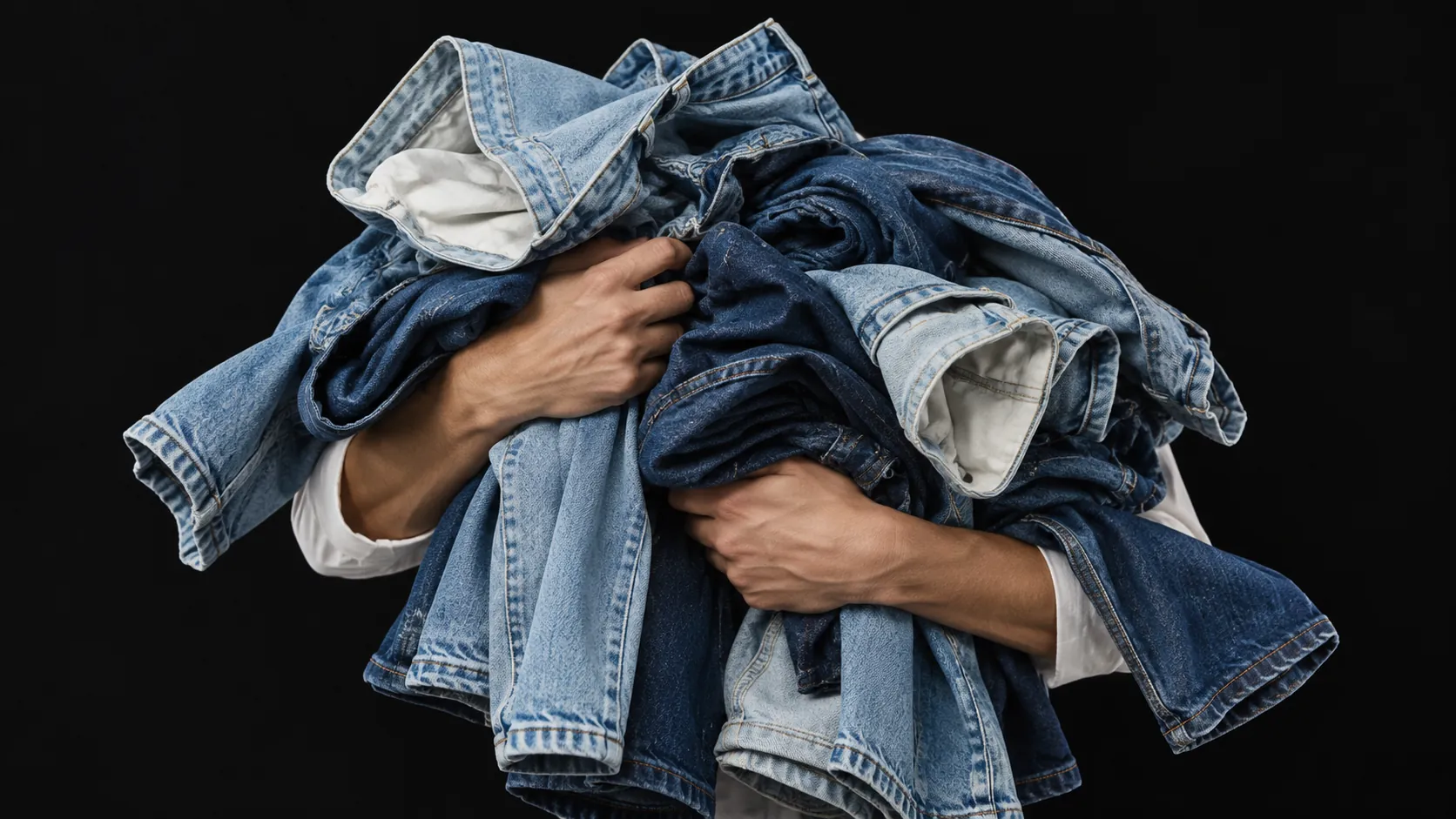 An armful of washed denim in several shades with clean white linings.