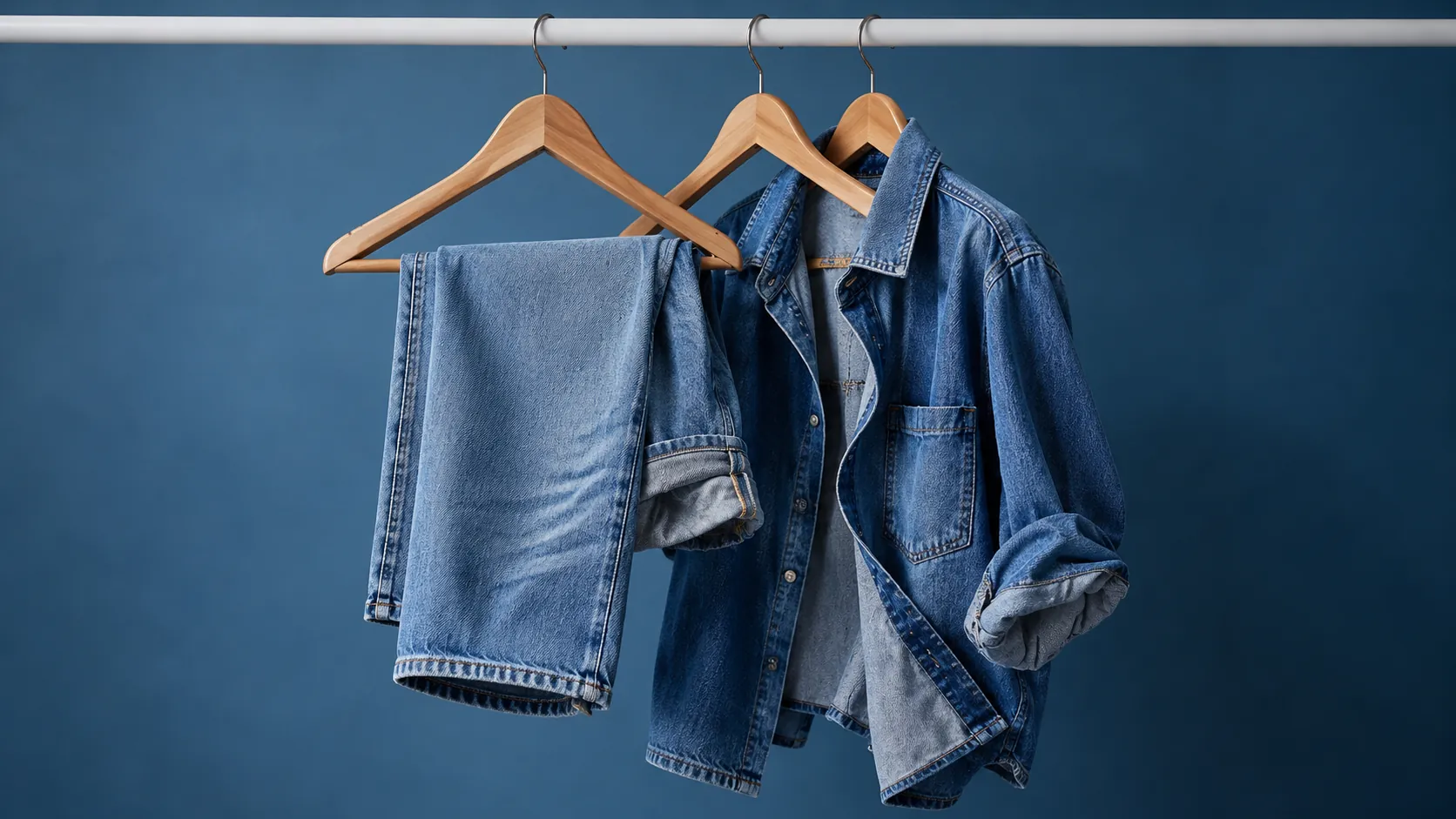 Washed jeans and a denim shirt draping from wooden hangers.