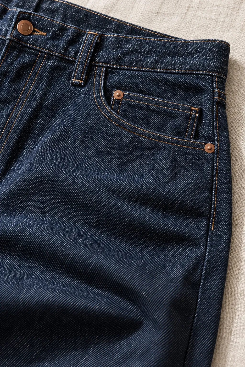 Raw indigo jeans, close on the front pocket and copper rivets.