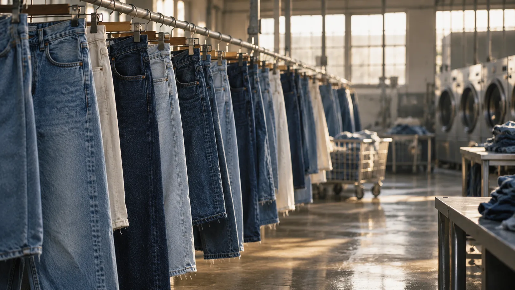 Rails of jeans in several washes receding into soft light.