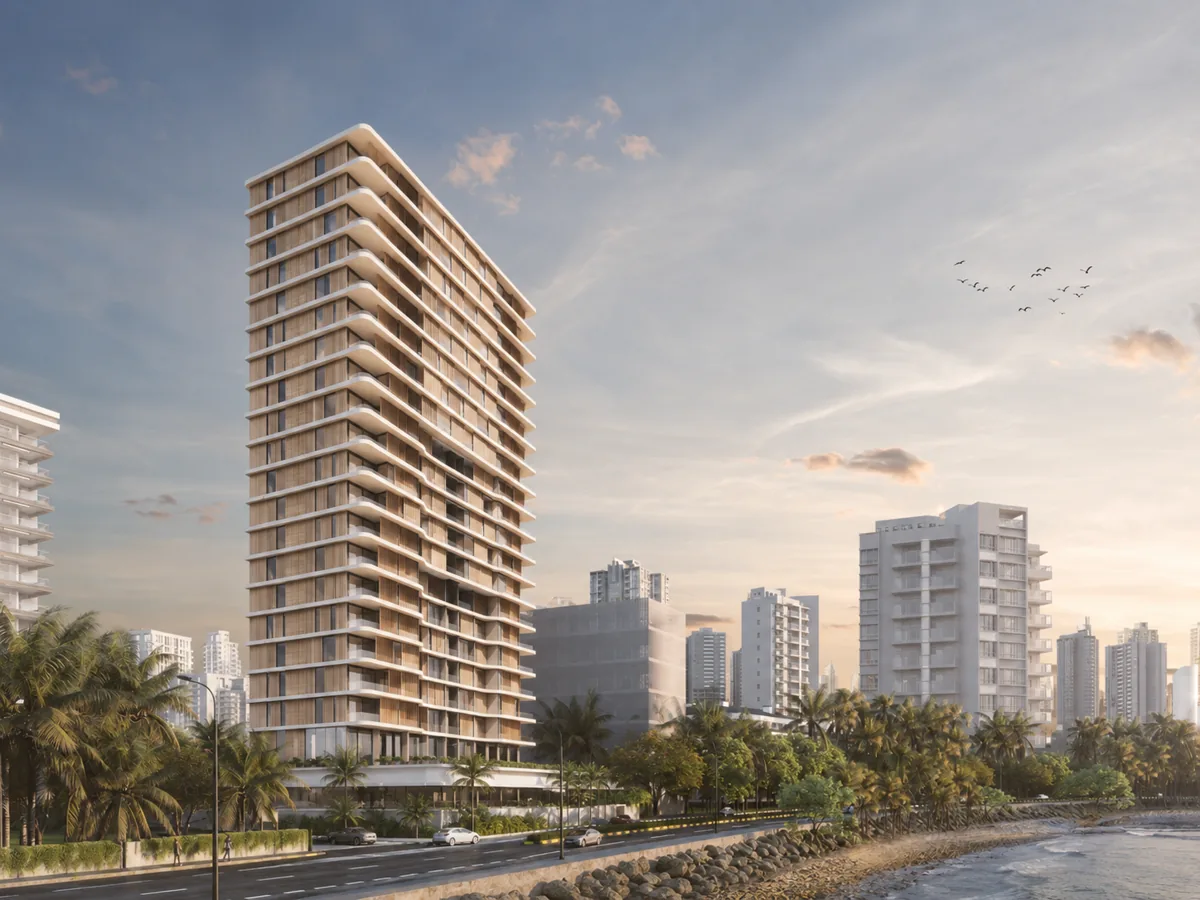 Visualisation of the Oceanic residential tower on the Carter Road seafront at sunset, Mumbai