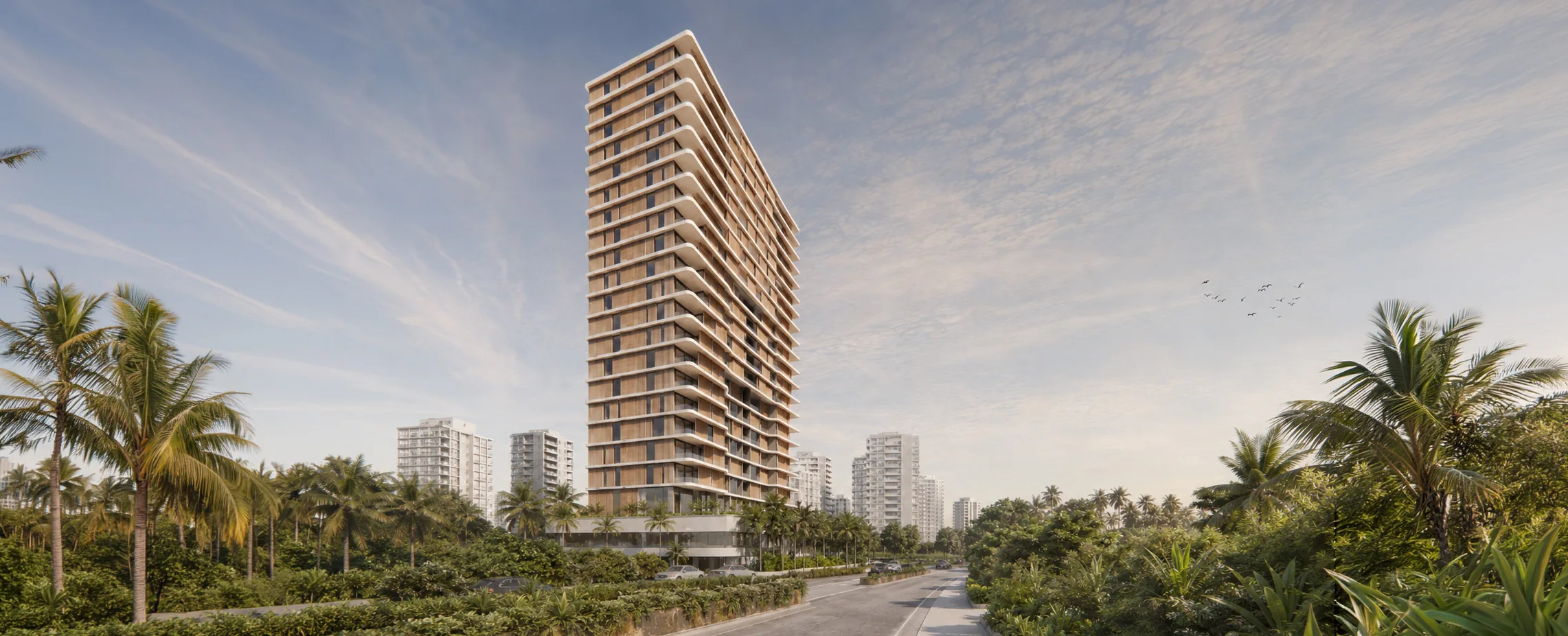 Visualisation of the Oceanic tower rising above palm trees along Carter Road, Mumbai