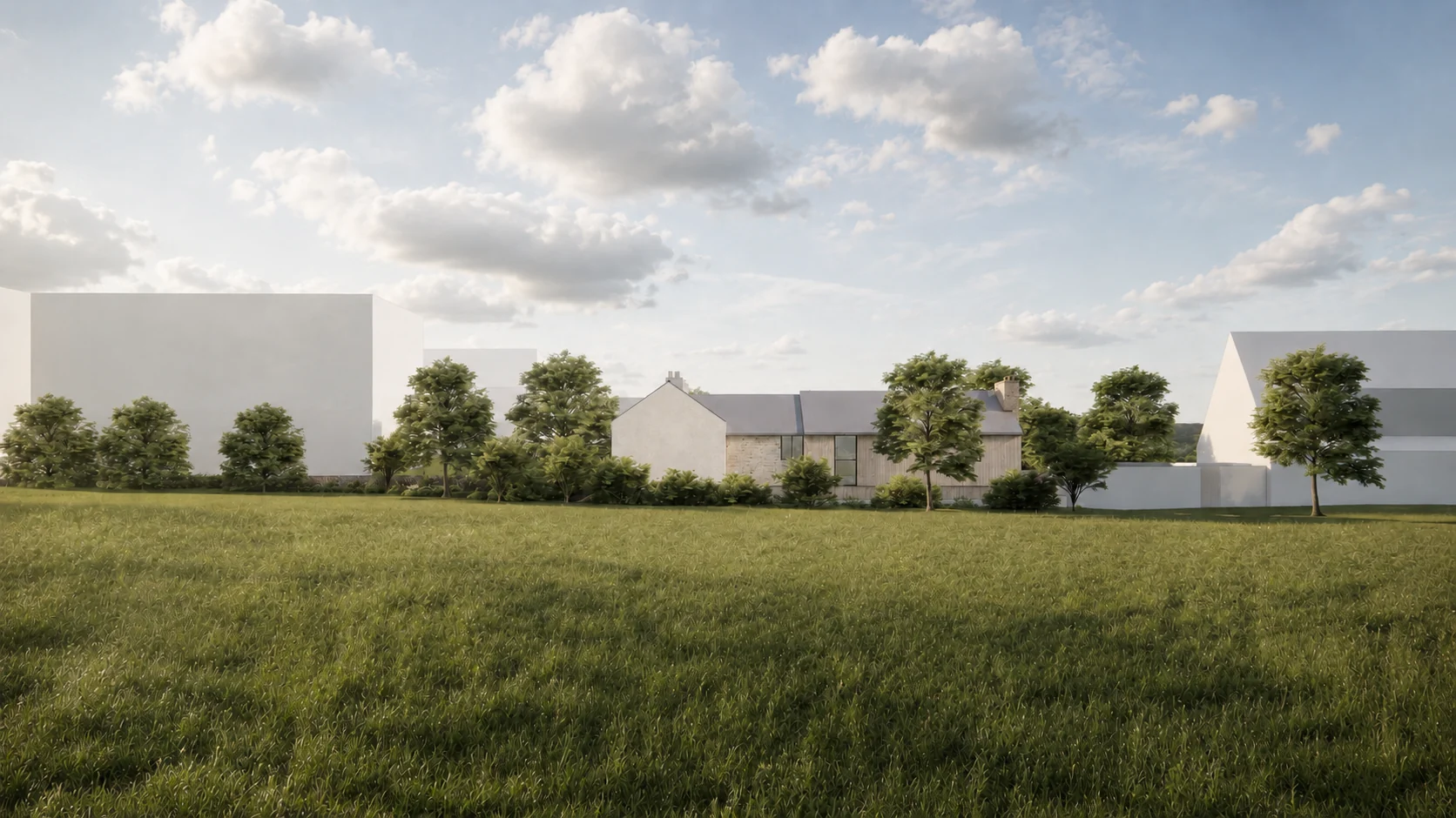 Visualisation of the Beehive Cottage site from the garden, with the cottage and new home behind trees