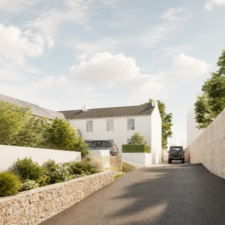 Visualisation of the lane to Beehive Cottage, between a granite wall and white cottages, St Helier, Jersey