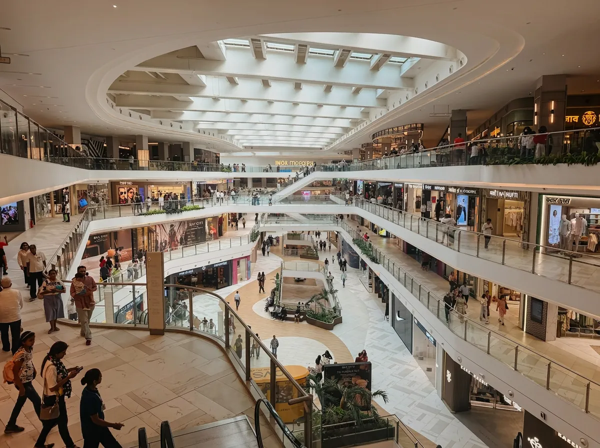 Terraced central atrium of SkyCity Mall, with curving balconies and a skylight above