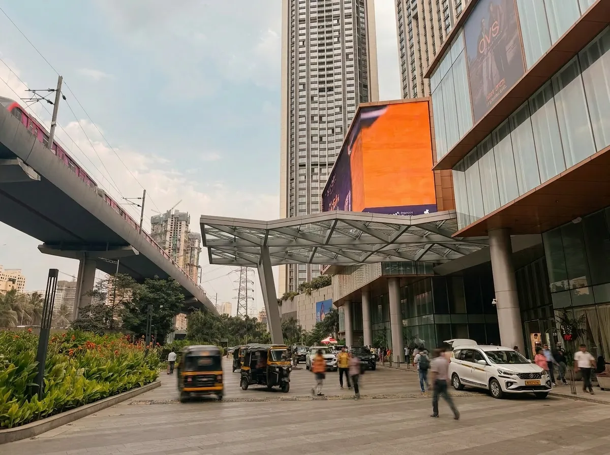 SkyCity Mall street frontage beside the elevated metro line, Mumbai