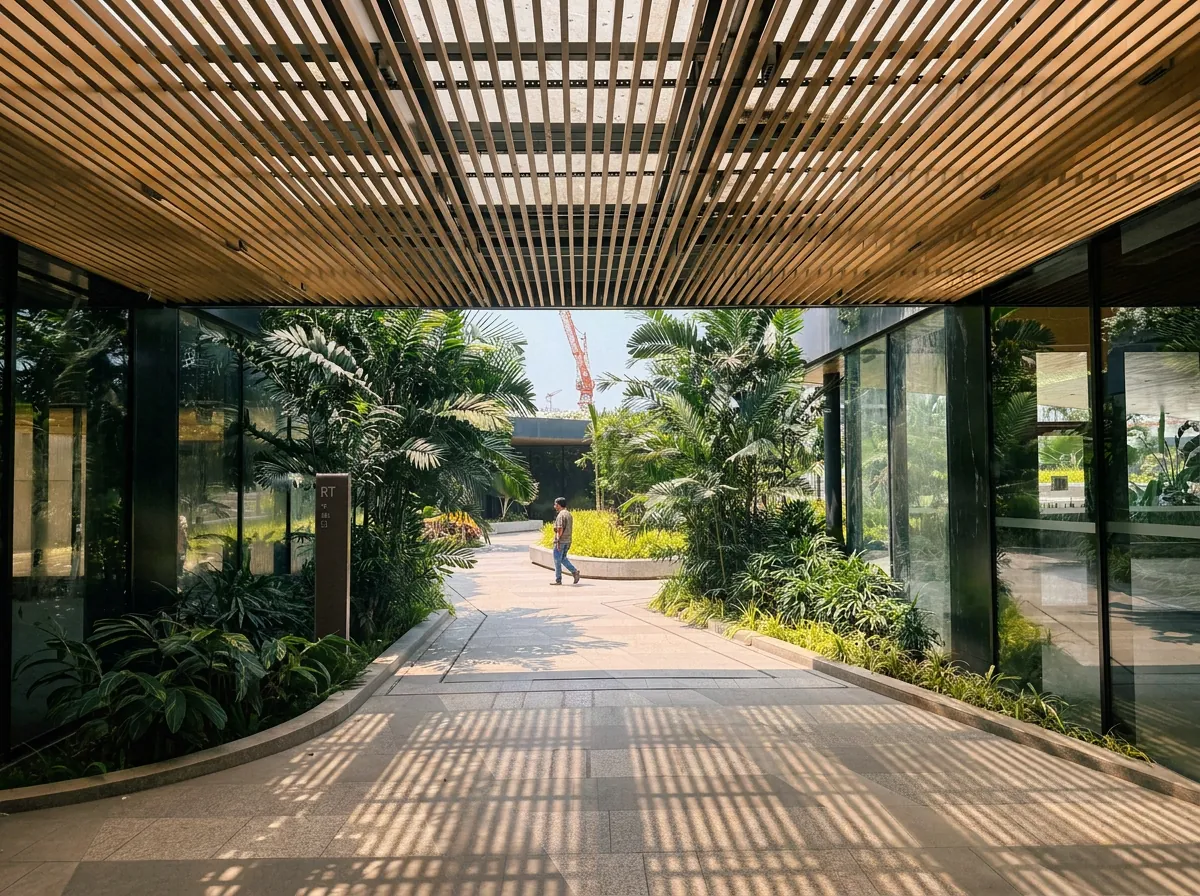 Shaded walkway under a timber slatted canopy, lined with tropical planting, at SkyCity Mall, Mumbai