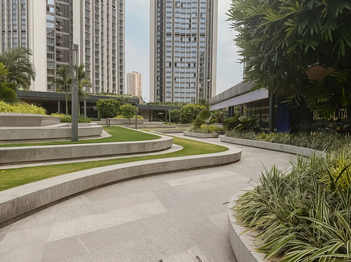 Landscaped terrace with curving lawns and stone paths at SkyCity Mall, with towers behind