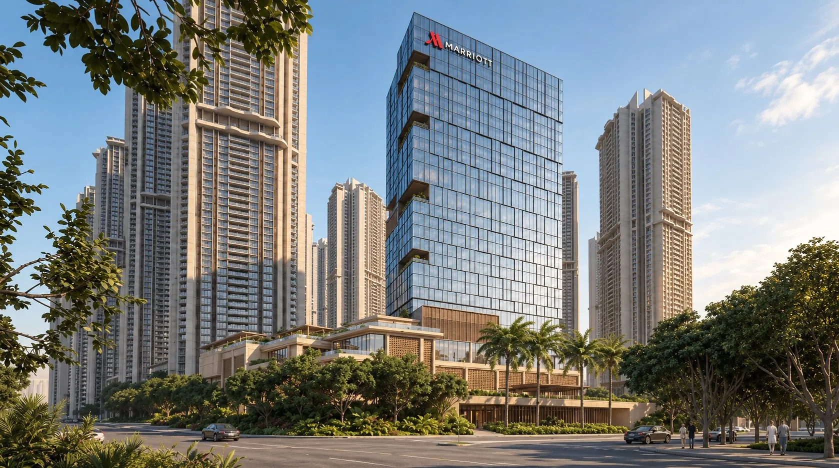 Visualisation of the glass tower of the JW Marriott hotel at Oberoi Garden City, Thane, India