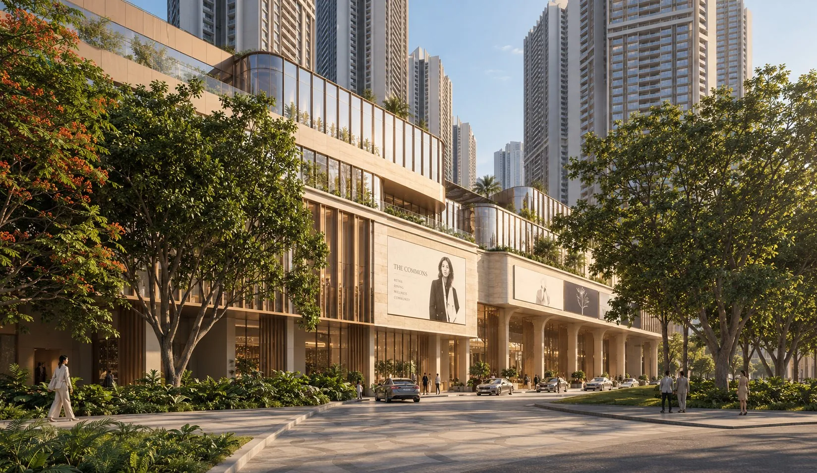 Visualisation of the tree-lined street frontage of Garden City Mall, Thane, India