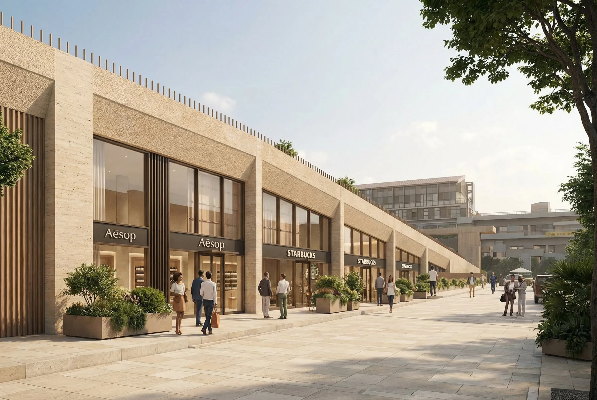 Visualisation of the Rivali Park retail arcade, a stone and timber frontage with shops, Mumbai