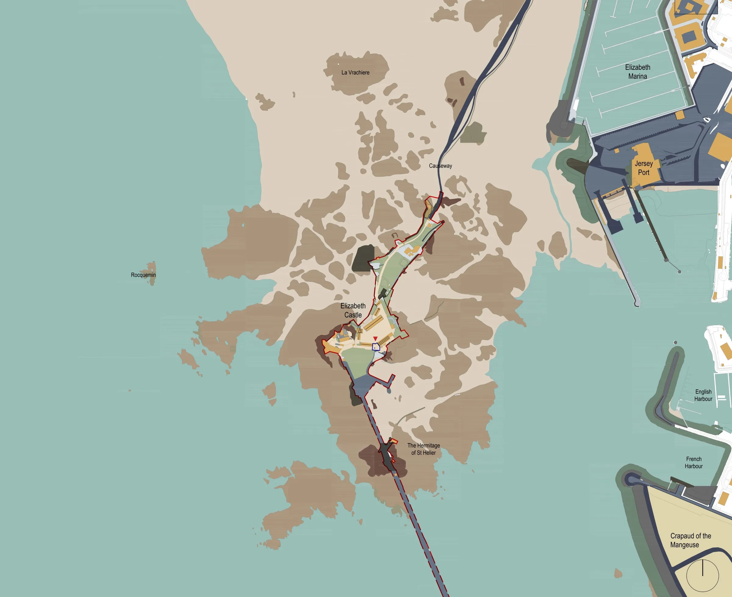 Site plan of Elizabeth Castle and its causeway off St Helier, Jersey