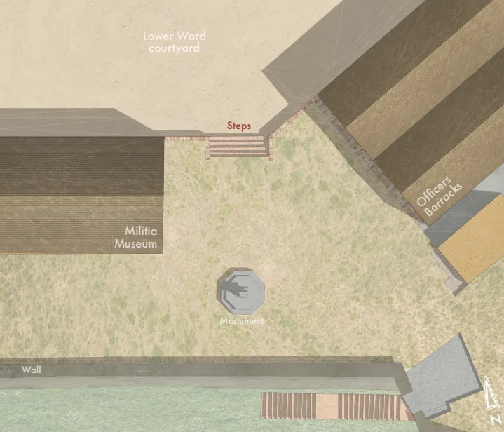 Plan of the monument, steps and surrounding buildings at Elizabeth Castle