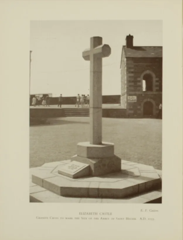 Archive photograph of the granite cross marking the site of the Abbey of St Helier at Elizabeth Castle