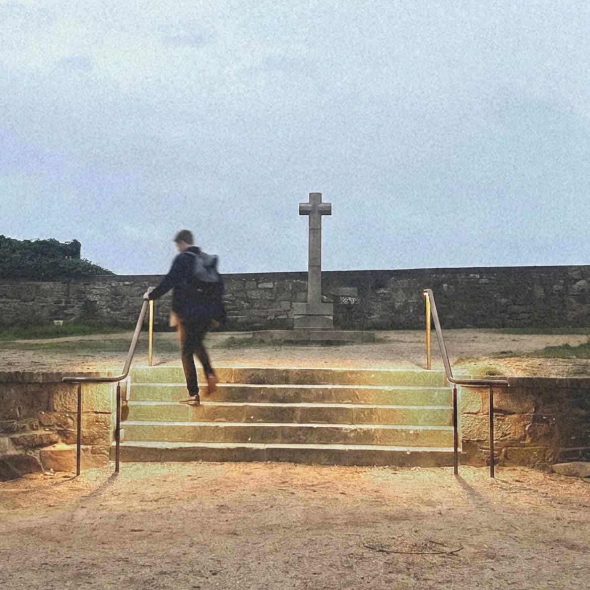 The monument steps at Elizabeth Castle with new bronze handrails and low-level lighting at dusk, St Helier, Jersey