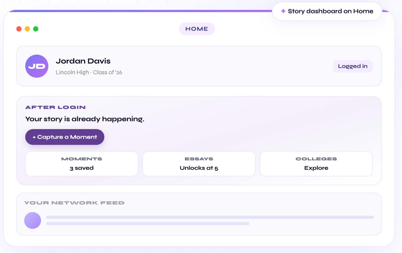 BRiDDG student dashboard showing saved moments, essays and college matches