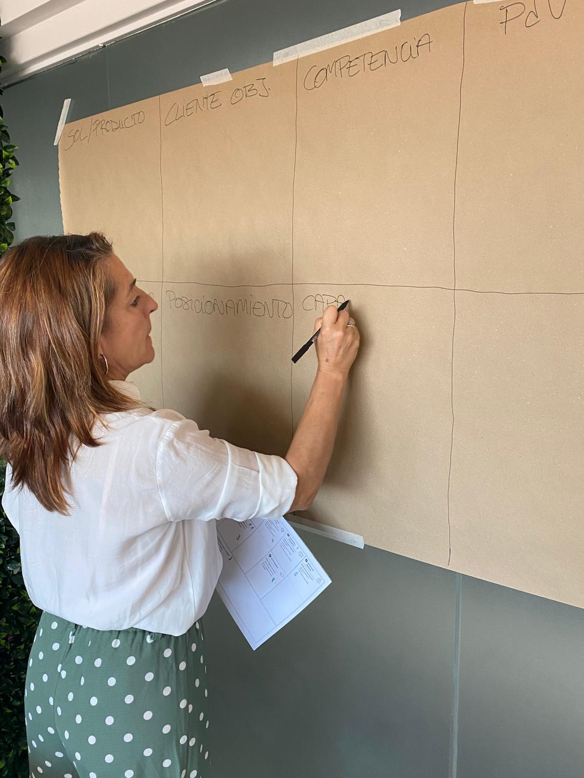 Sonia facilitating a strategy workshop and writing on a working wall