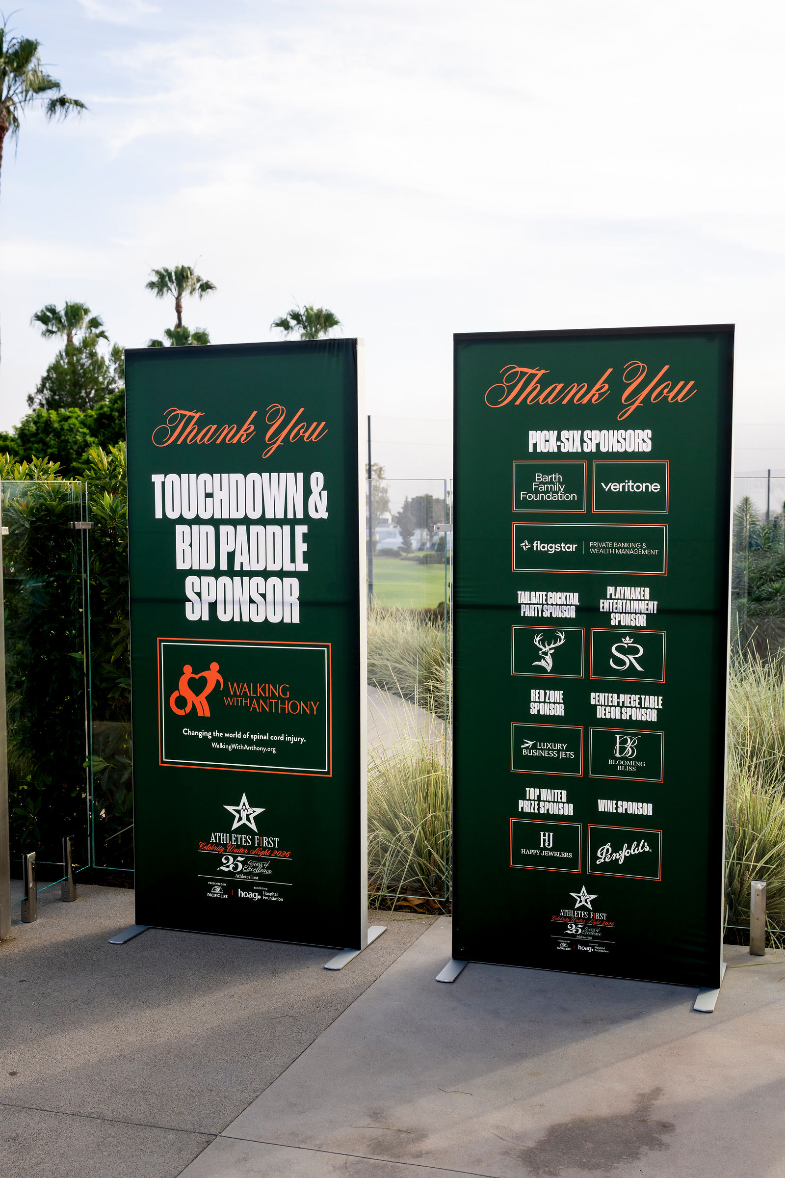 Sponsor thank-you signage at Celebrity Waiter Night