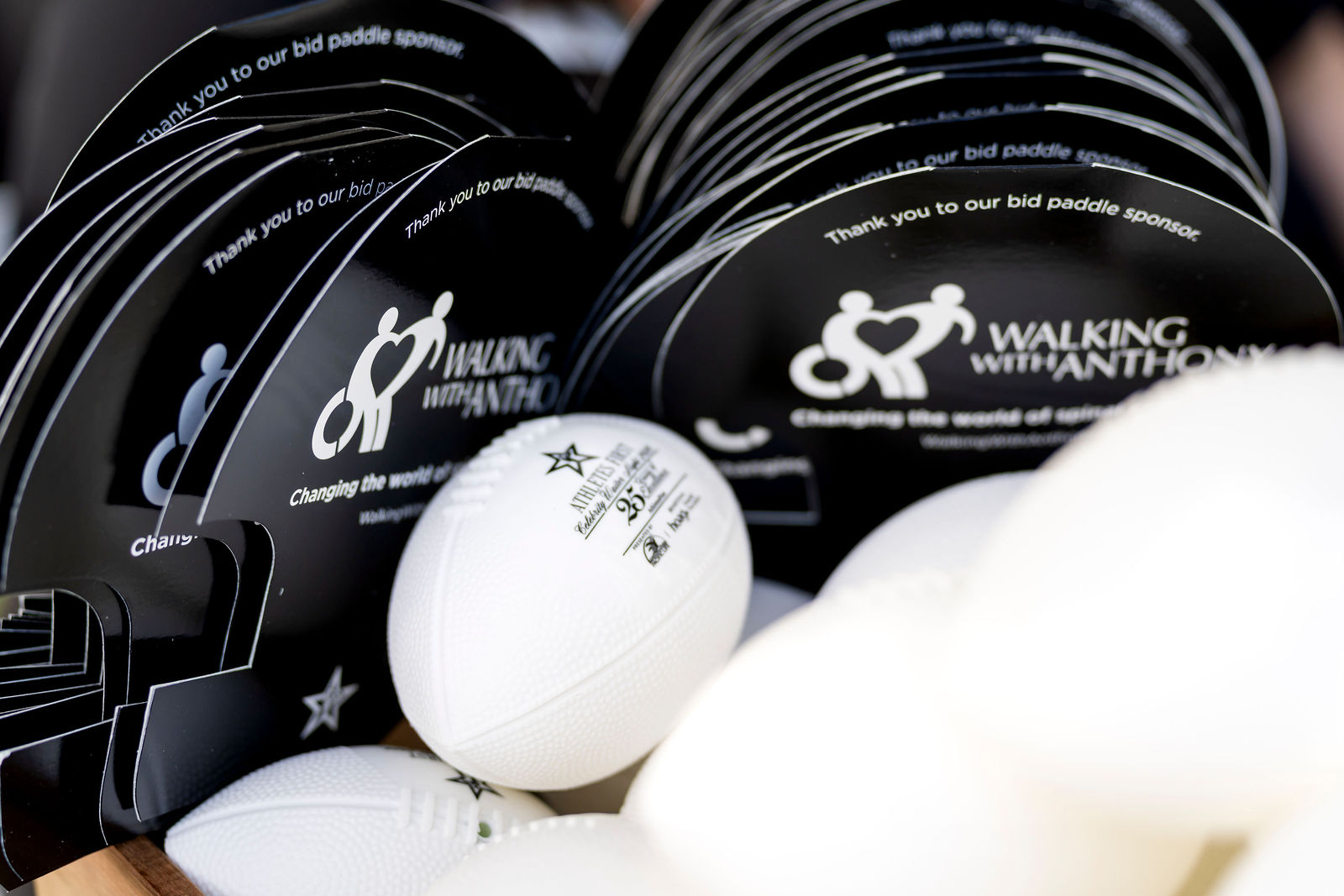 Branded footballs and bid paddles ready for the auction