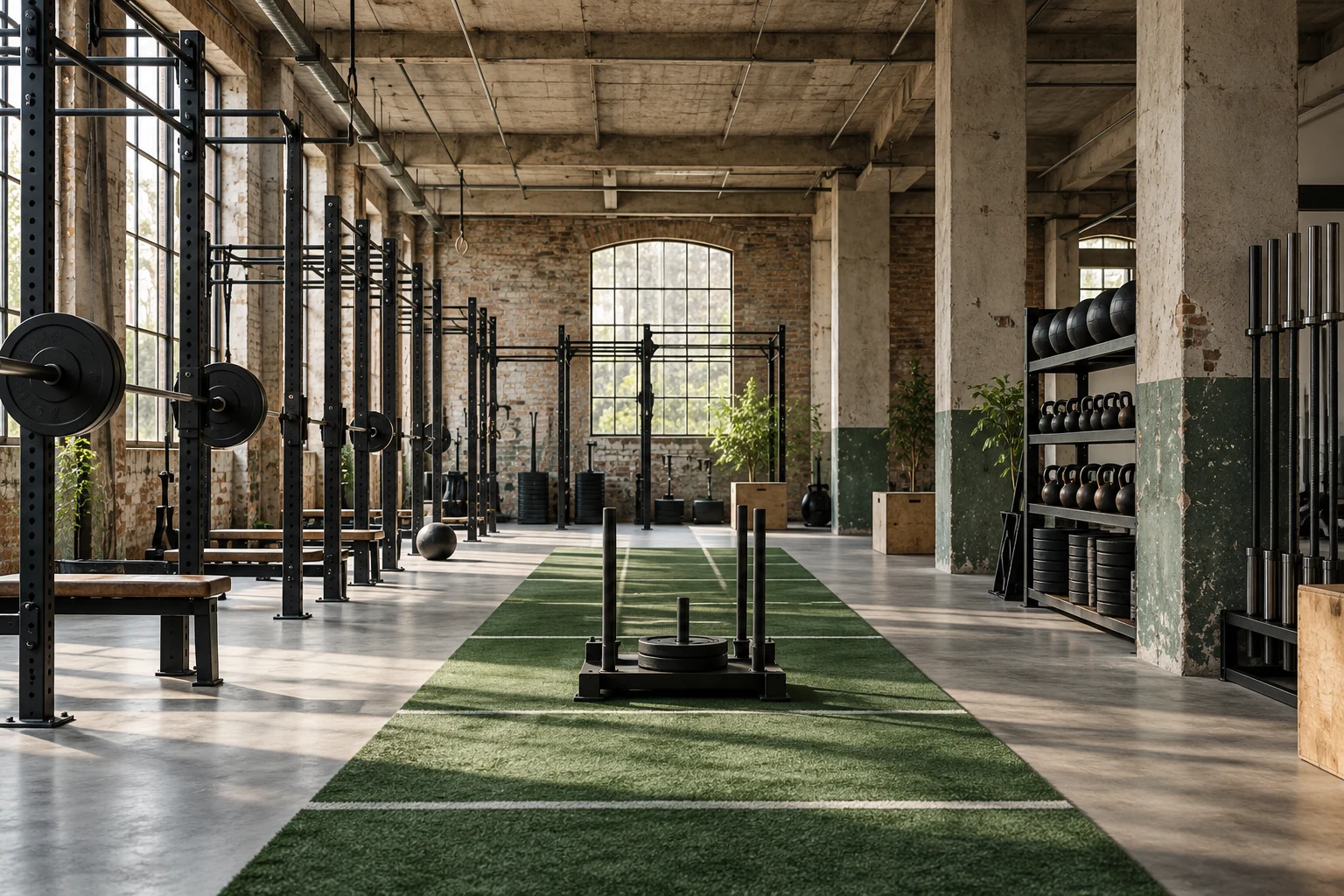 Konzeptvisualisierung eines funktionellen Fitnessstudios mit Beton, Stahl und einer grünen Trainingsbahn