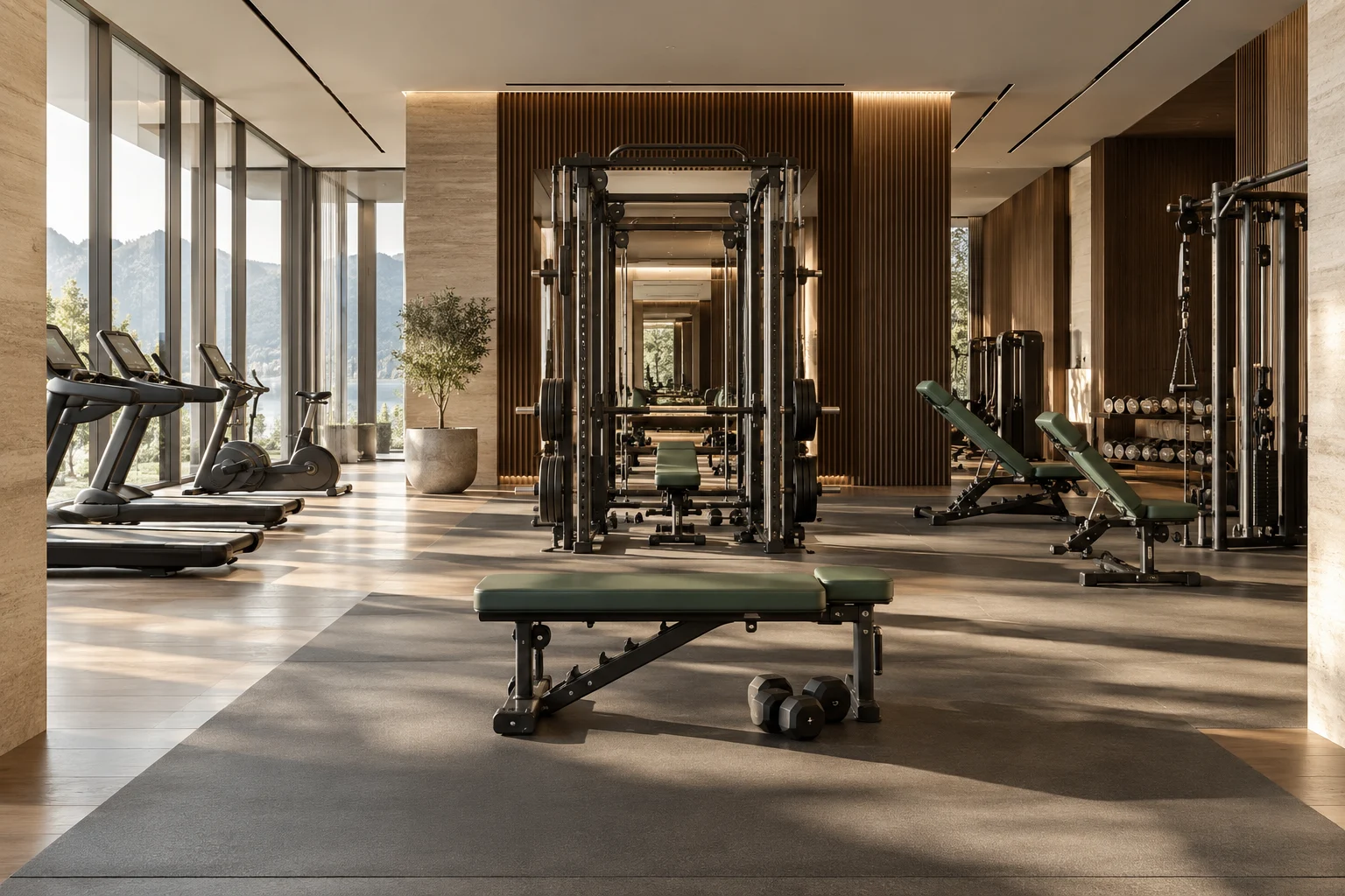 Konzeptvisualisierung eines hochwertigen Fitnessstudios mit Kraftgeräten, Naturstein und dunklem Holz