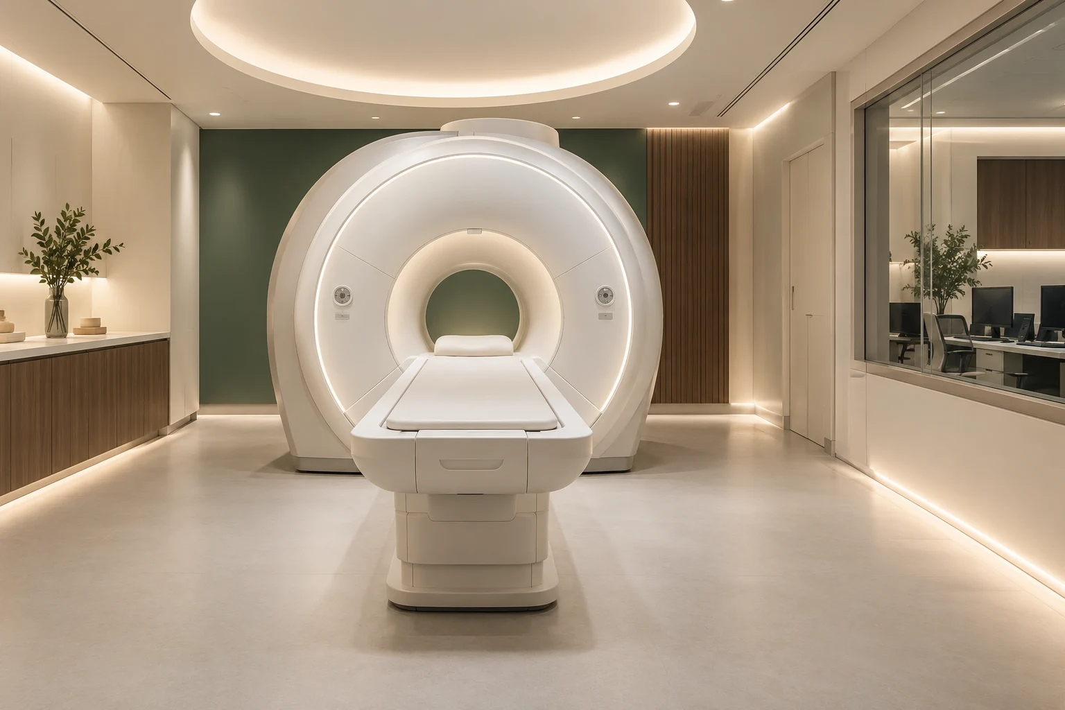 Konzeptvisualisierung einer Radiologie mit modernem MRT Gerät und angrenzendem Kontrollraum