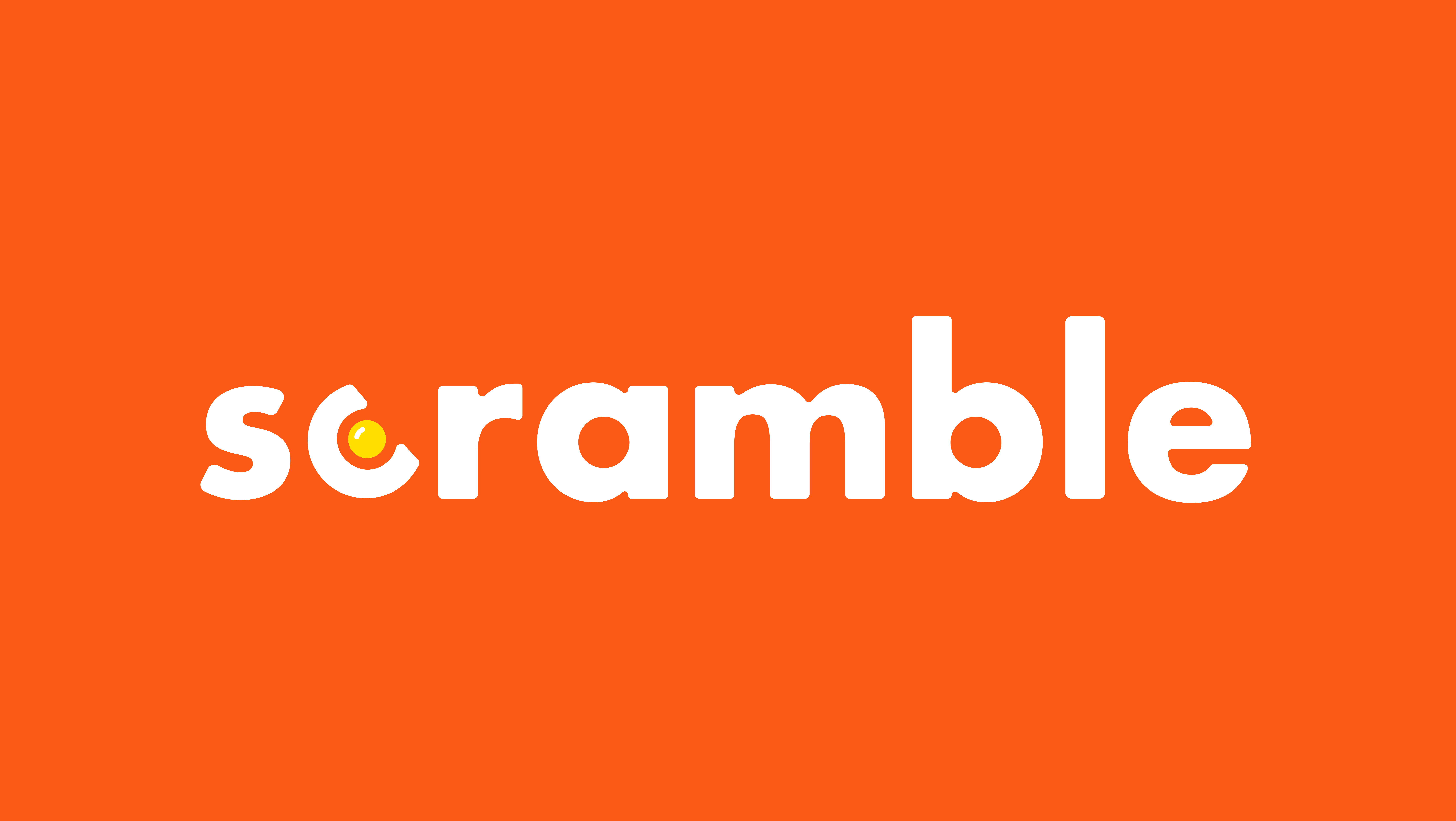 Scramble logo: the word "scramble" in white rounded lettering on an orange background, with a fried egg forming the letter o.