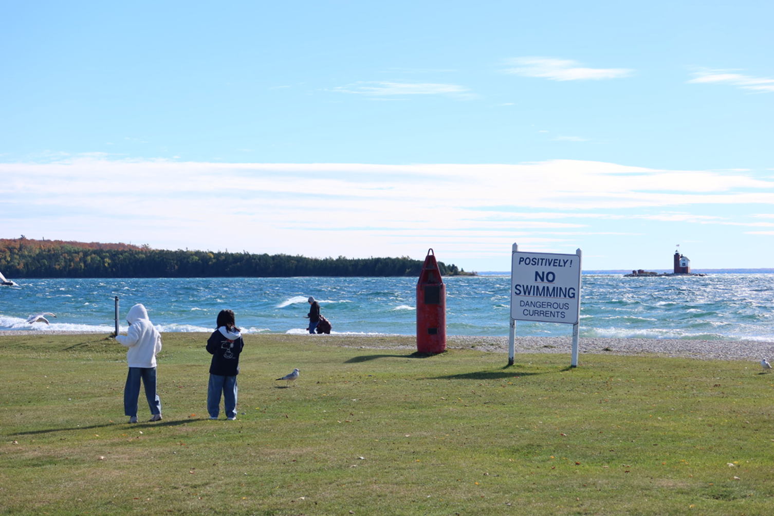 Two people on a grassy shoreline near a red buoy and a "No Swimming, Dangerous Currents" sign, with choppy blue water and a distant lighthouse behind them.