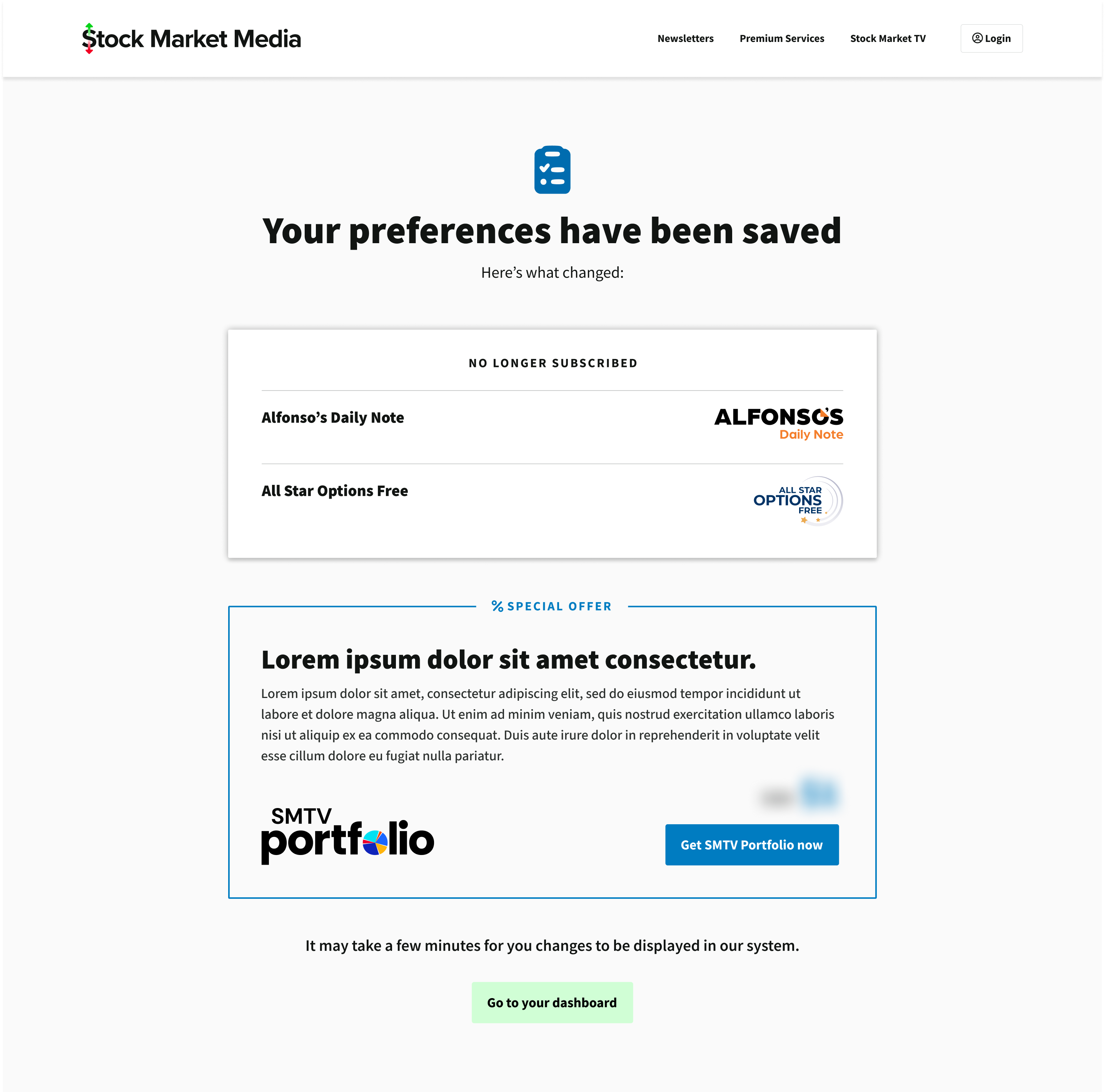 Preferences saved page listing two newsletters no longer subscribed, with a special offer box promoting SMTV Portfolio and a Get SMTV Portfolio now button.
