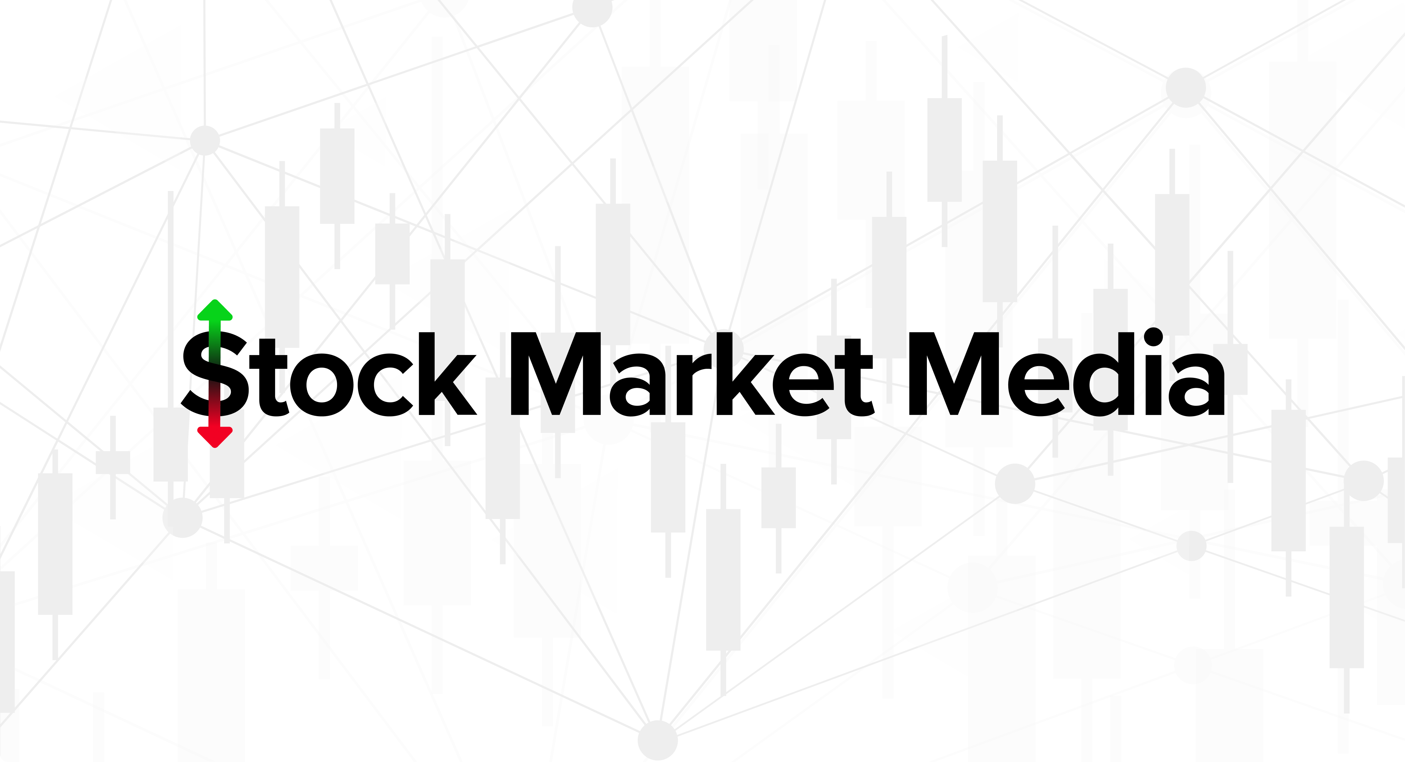 Stock Market Media logo in black lettering, with green and red arrows through the S, over a faint stock chart and network line background.