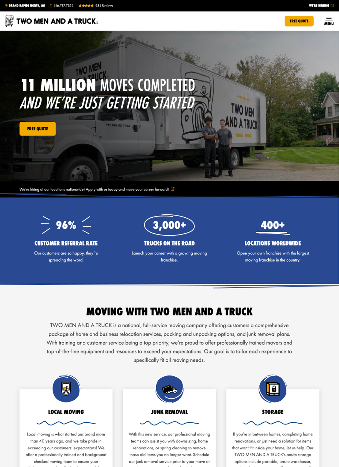 Full-page view of the Two Men and a Truck homepage. A hero photo of two movers shaking hands in front of a branded truck, with the headline "11 million moves completed and we're just getting started" and a yellow Free Quote button. Below it, a blue band shows three stats (96% customer referral rate, 3,000+ trucks on the road, 400+ locations worldwide), followed by a Moving With Two Men and a Truck section with cards for local moving, junk removal and storage.