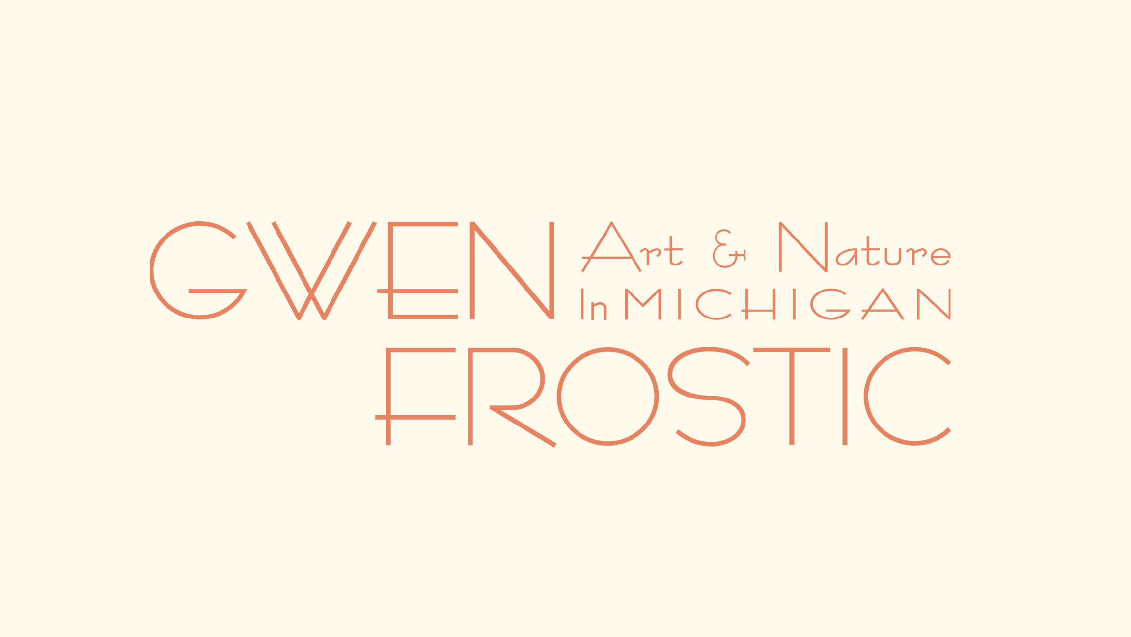 Gwen Frostic: Art & Nature in Michigan. Brand identity logo with coral line lettering on a cream background.