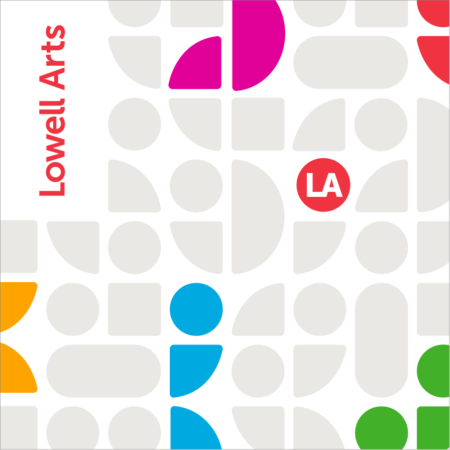 Lowell Arts pattern on a light gray background: soft gray geometric shapes with magenta, red, orange, blue and green accents, a red circle with the letters LA, and Lowell Arts in red vertical lettering.