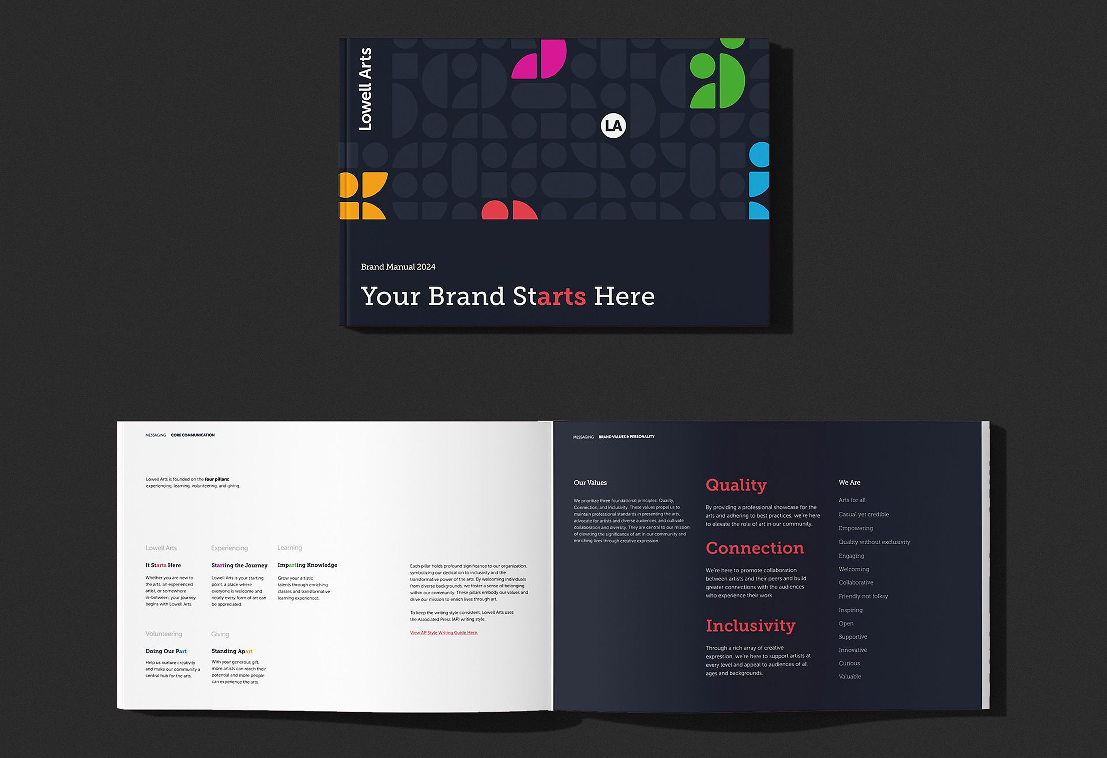 Lowell Arts brand manual cover: a navy cover with the geometric pattern, the vertical Lowell Arts wordmark, the LA badge and the title Your Brand Starts Here.