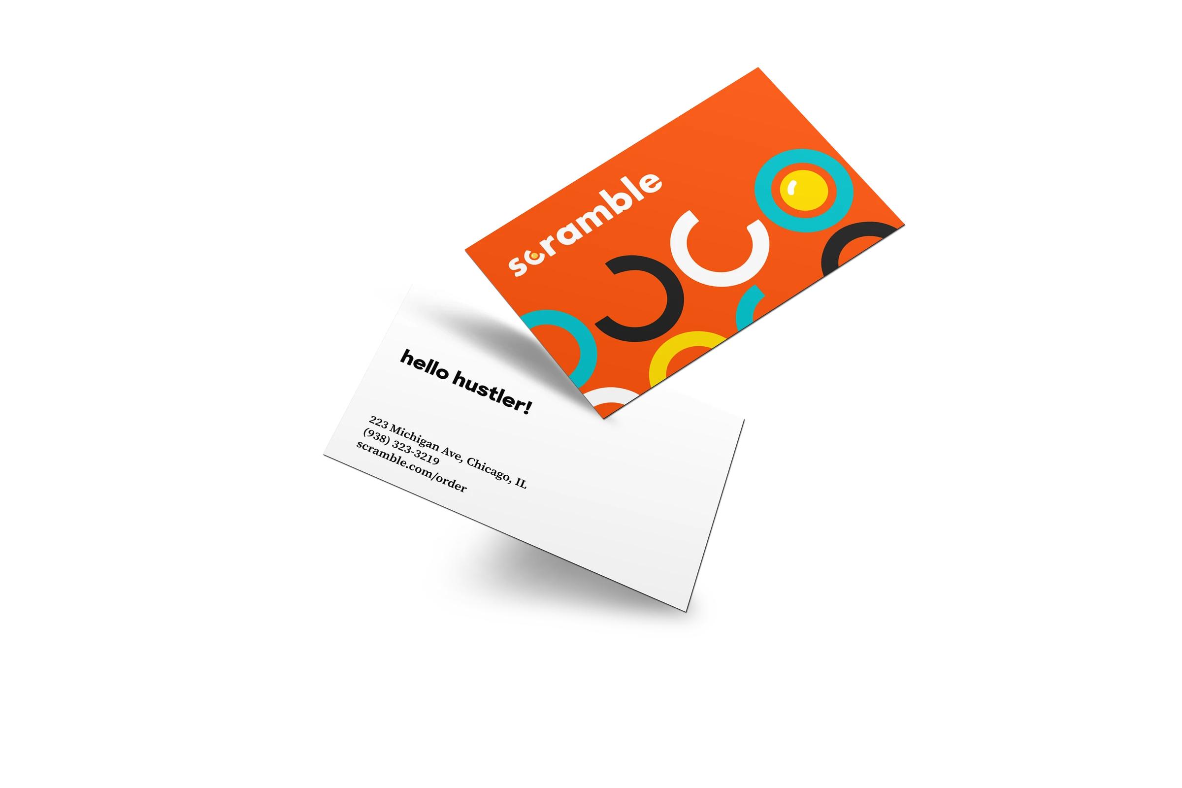 Two Scramble business cards: an orange card with the white wordmark and ring pattern, and a white card reading hello hustler.