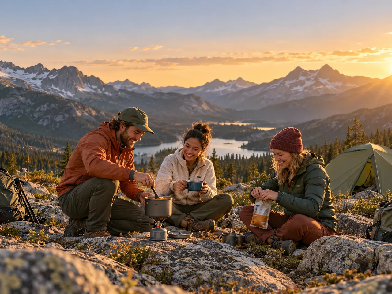 Illustration of backpackers cooking at a camp at sunset
