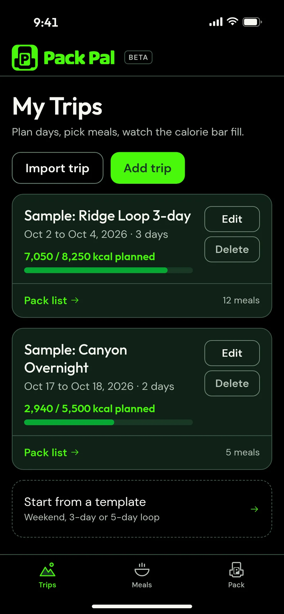 Pack Pal My Trips screen with two sample trips, Ridge Loop 3-day and Canyon Overnight, each with a calorie progress bar and a pack list link