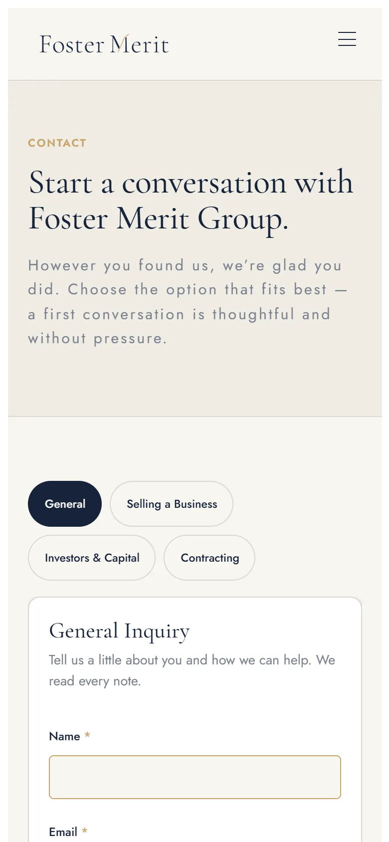 Foster Merit contact page on a phone