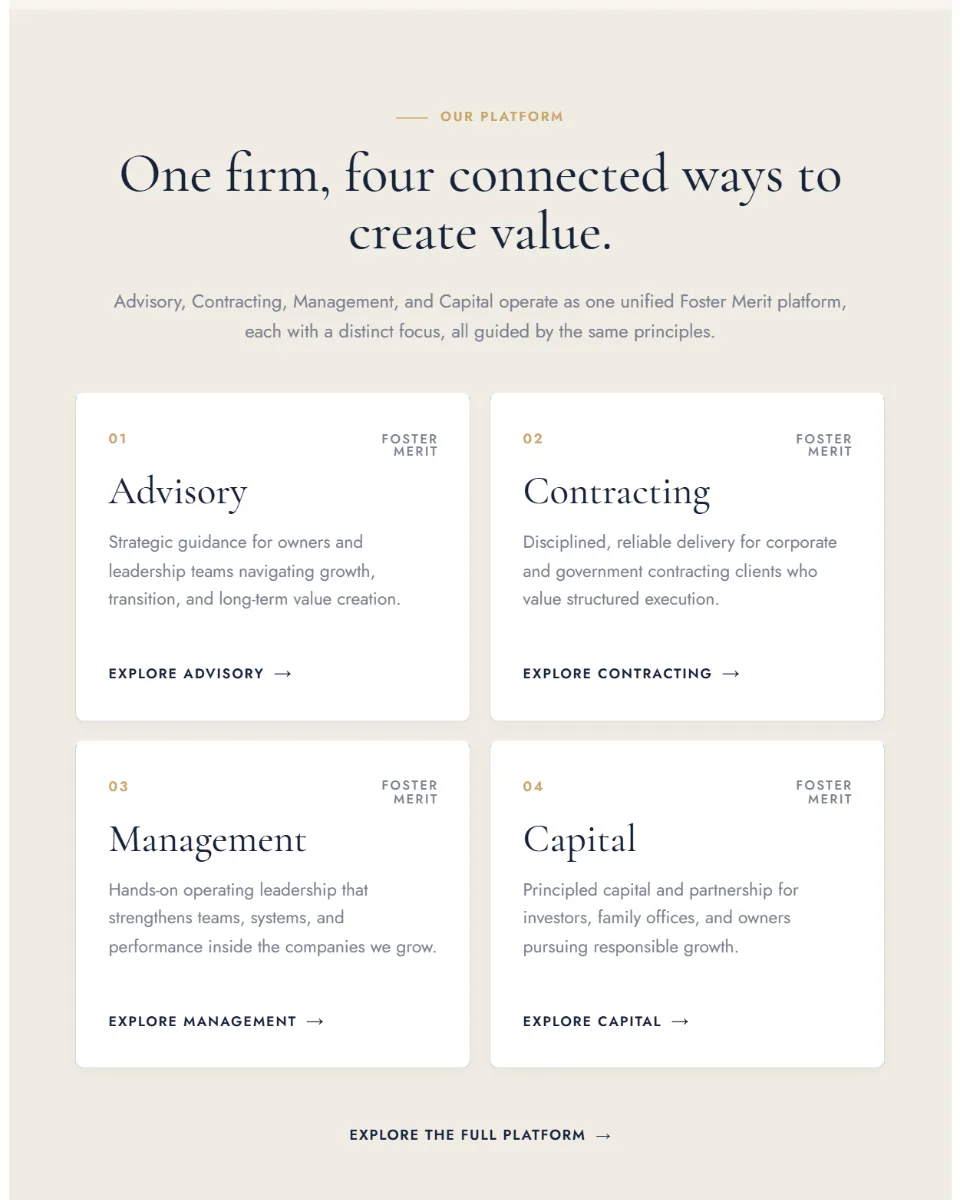 Foster Merit homepage section introducing its four divisions