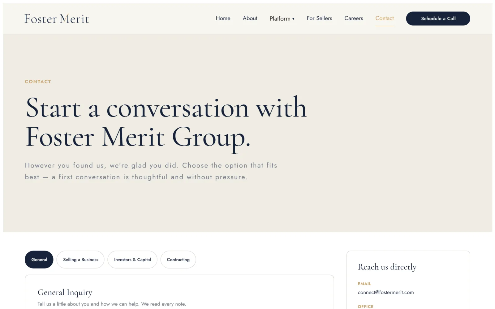 Foster Merit contact page on desktop